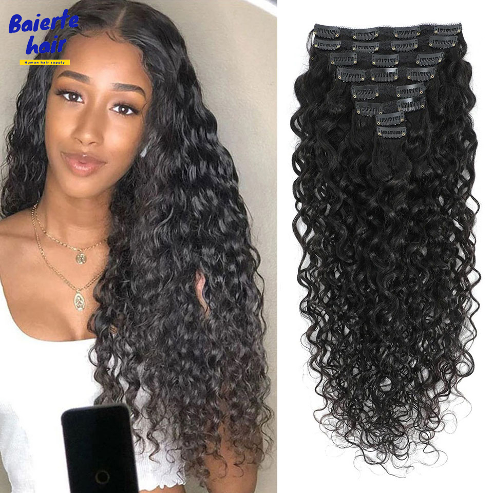 Seamless Clip In Hair Extensions Human Hair - 8-24 Zoll Wasserwellen-Locken-Clip-In-Haarverlängerungen aus Echthaar, brasilianisches